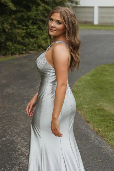 Gorgeous Mermaid Keyhole Neck Silver Slit Prom Dresses with Beading