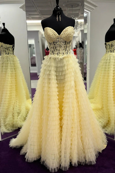 Yellow Lace-Up Floral Multi-Layers Strapless A-line Long Prom Dress VK23102908