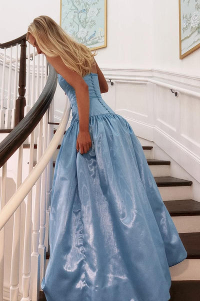 Cute A-Line Strapless Blue Satin Prom Dresses with Bow VK26020501
