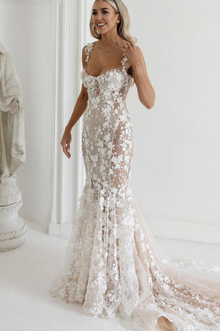 Charming Mermaid Sweetheart See Through Ivory Lace Wedding Dresses VK23081008