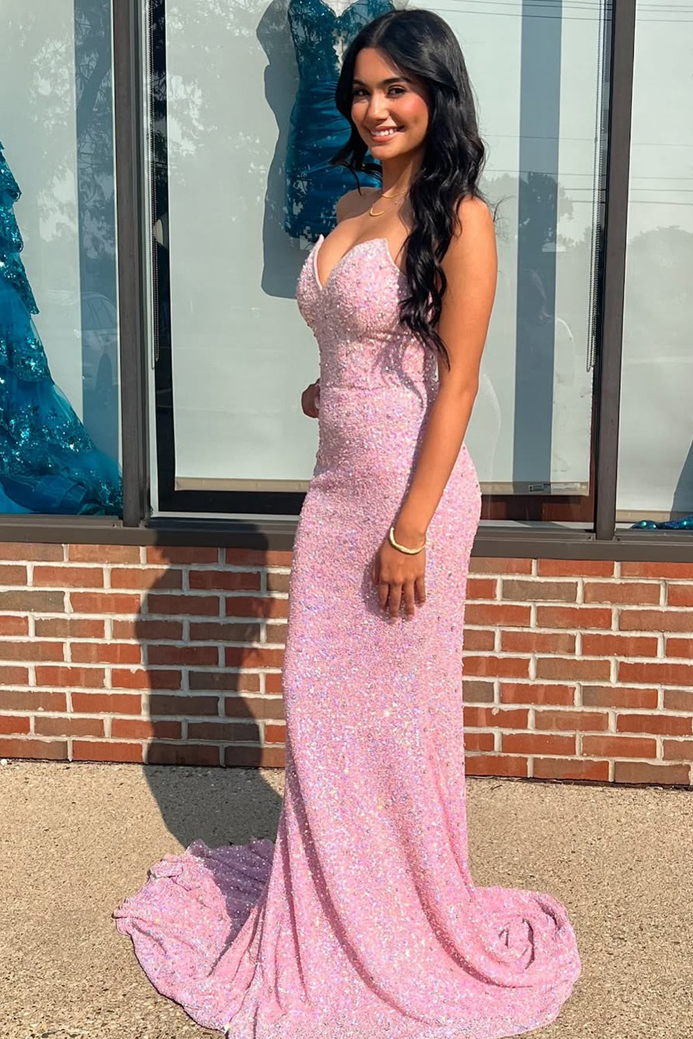 Mermaid Strapless Pink Sequins Long Prom Dresses VK25031503
