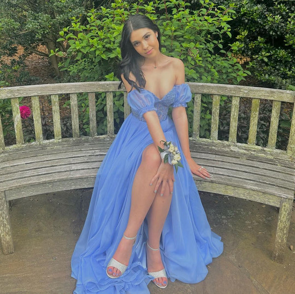 A Line Sweetheart Blue Chiffon Long Prom Dresses with Slit VK23050704