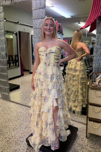 Gorgeous A Line Sweetheart Floral Chiffon Prom Dress with Slit VK25121804