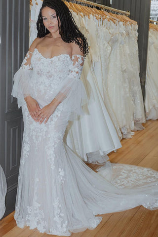 Mermaid Sweetheart Tulle Lace Boho Wedding Dresses with Sleeves VK23091106