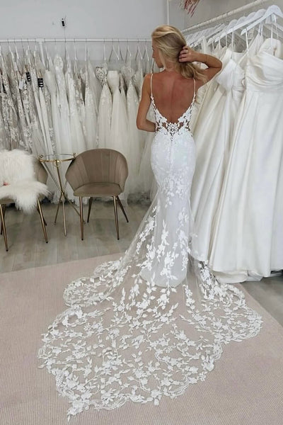Mermaid V Neck Tulle Lace Appliques Wedding Dresses with Train VK26012608