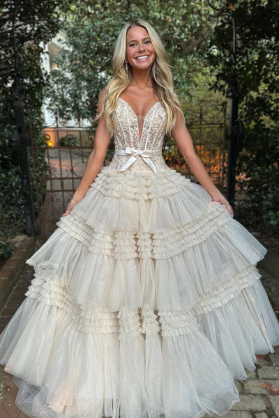 Princess A-Line Off the Shoulder Light Pink Tiered Ruffled Tulle Long Prom Dresses VK23103103