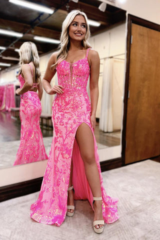 Pink Sweetheart Sequins Lace Mermaid Prom Dresses with Slit VK24031802