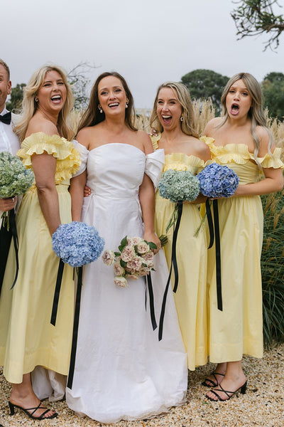 Yellow Off the Shoulder Ruffle Satin Ankle Length Bridesmaid Dresses VK24040302
