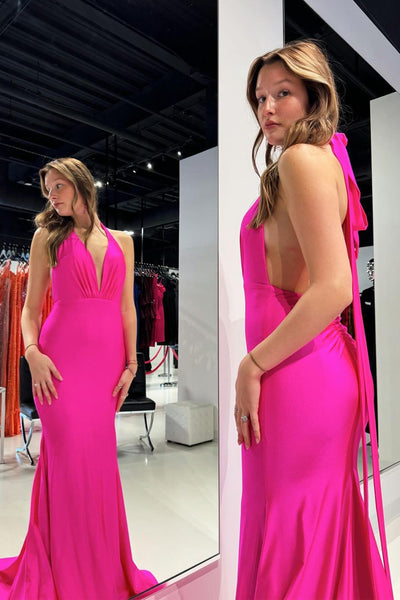 Fuchsia Halter Stin Mermaid Long Prom Dresses VK24032202