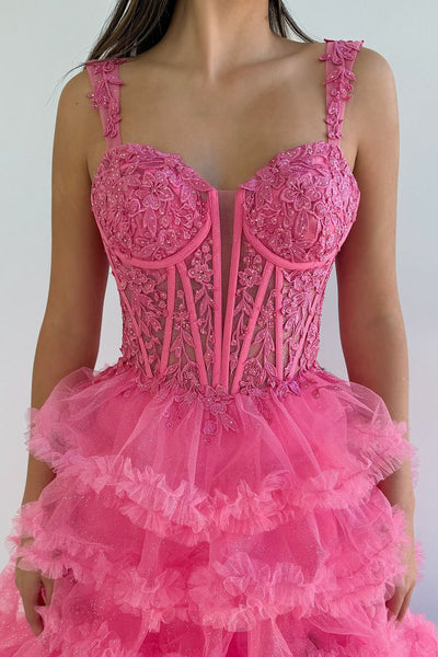 Gorgeous Ball Gown Sweetheart Pink Tiered Tulle Prom Dresses with Appliques VK1314