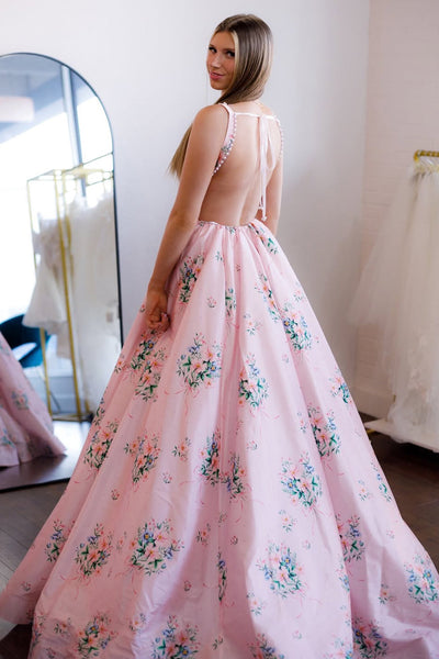 Cute A Line Square Neck Pink Floral Satin Prom Dress