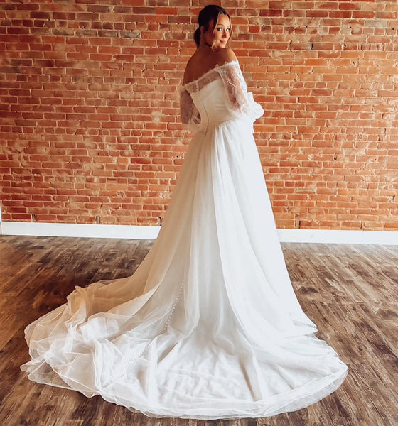 Women's A Line Tulle Wedding Dresses Boho Lace Long Sleeves Wedding Gowns for Bride