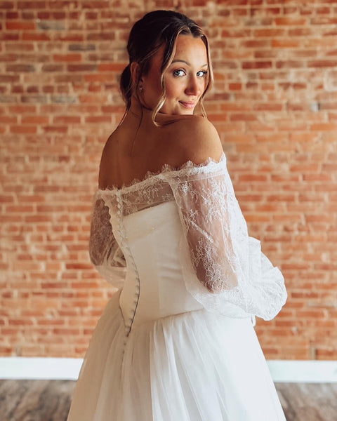 Women's A Line Tulle Wedding Dresses Boho Lace Long Sleeves Wedding Gowns for Bride