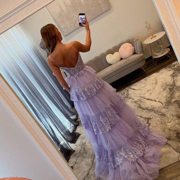 Women's Sweetheart Tulle Lace Appliqued Corset Prom Dresses Long with Tiered