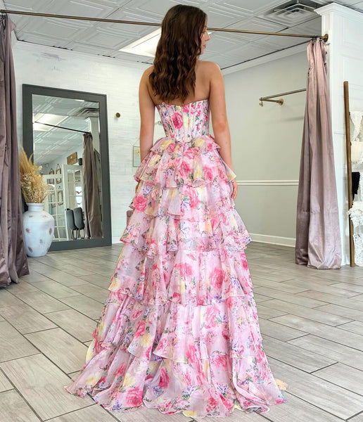 Women's Sweetheart Corset Chiffon Floral Print Long Prom Dresses with Tiered
