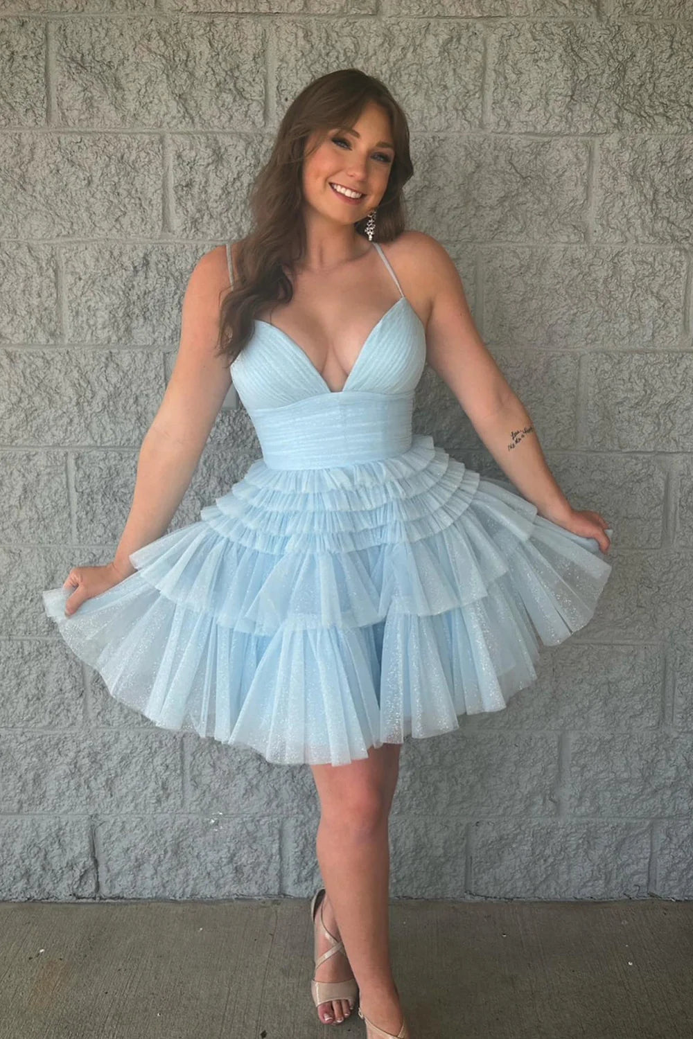 Sparkly Light Blue A-Line Tulle Tiered Short Homecoming Dress VK23082605