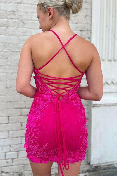 Hot Pink V Neck Bodycon Homecoming Dresses VK23062904