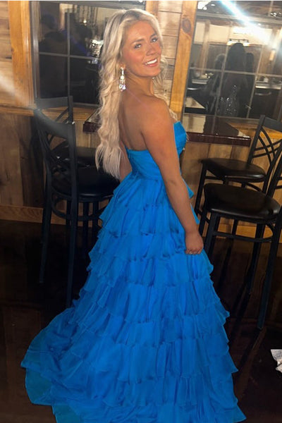 Cute A Line Sweetheart Royal Blue Chiffon Tiered Long Prom Dresses VK13120904