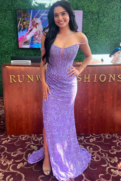 Charming Mermaid Scoop Neck Purple Lace Long Prom Dresses with Beading VK24092202