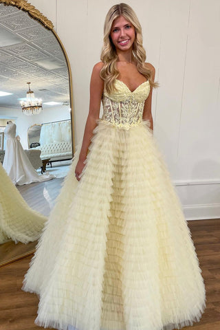 A-Line Yellow Appliques Sweetheart Ruffle Tiered Tulle Prom Dress VK23112112