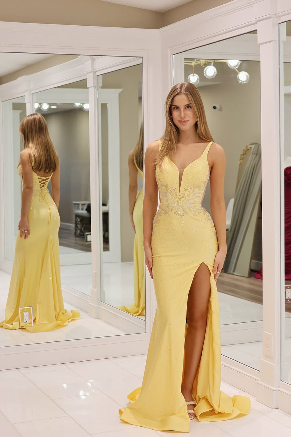 Mermaid V Neck Yellow Satin Long Prom Dresses with Slit VK25031605