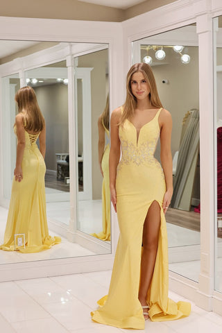 Mermaid V Neck Yellow Satin Long Prom Dresses with Slit VK25031605