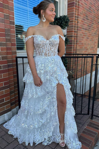 Cute White Sequin Lace Off the Shoulder Tiered Long Prom Dresses with Slit VK23112209