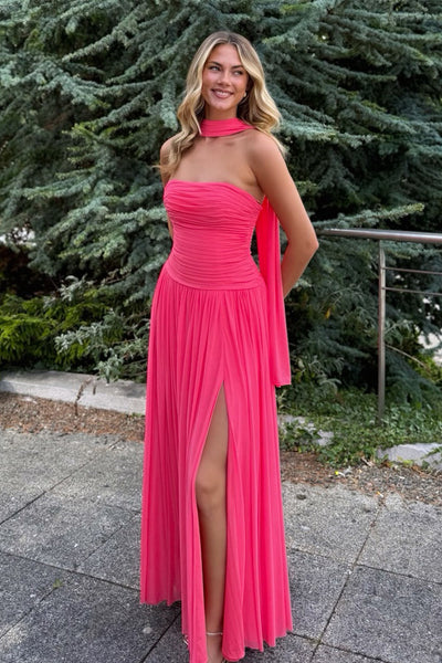 A Line Strapless Hot Pink Chiffon Long Prom Dresses VK26080802