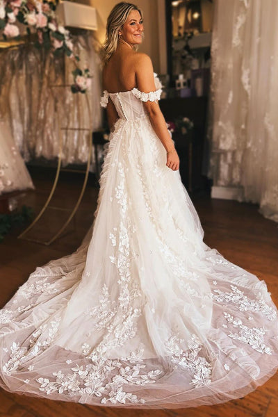 A-Line Off the Shoulder White Tulle Wedding Dresses with Appliques VK23101701