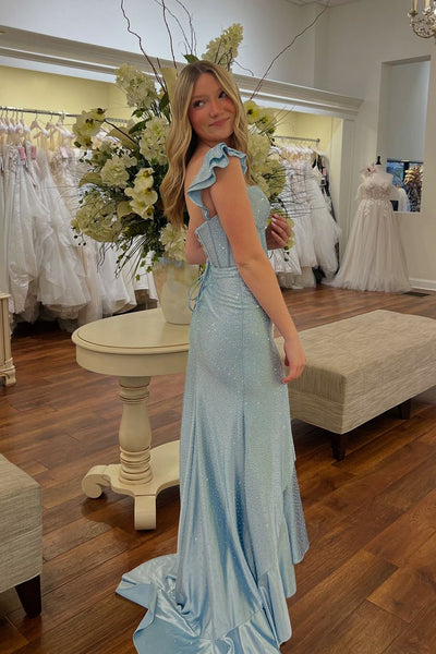 Charming Meramid Sweetheart Light Blue Beading Long Prom Dresses with Ruffled Slit VK24120303