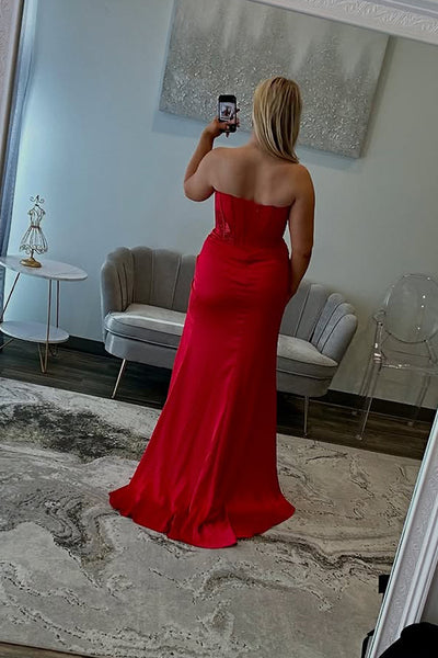 Mermaid Sweetheart Red Satin Long Prom Dresses with Beadings VK021208