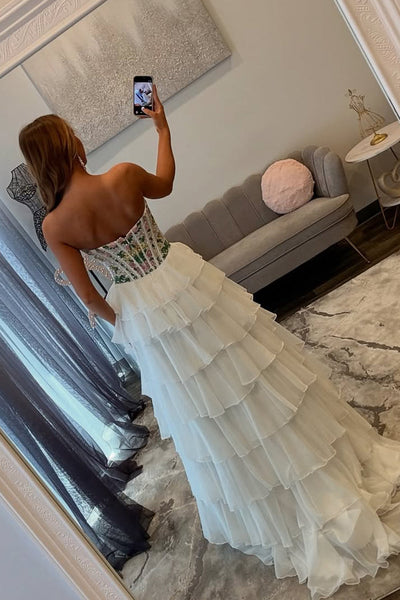 Gorgeous A Line Strapless White Tulle Prom Dress with Beading