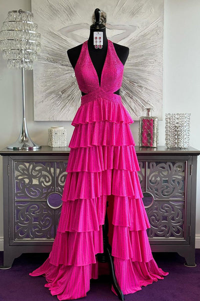 Cute A Line Deep V Neck Yellow Hot Stone Beading Prom Dress with Slit