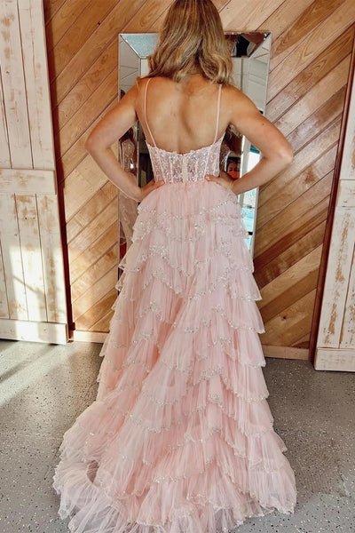 Light Pink Spaghetti Straps Sequined Layers Floral Long Prom Dress with Slit VK23120902