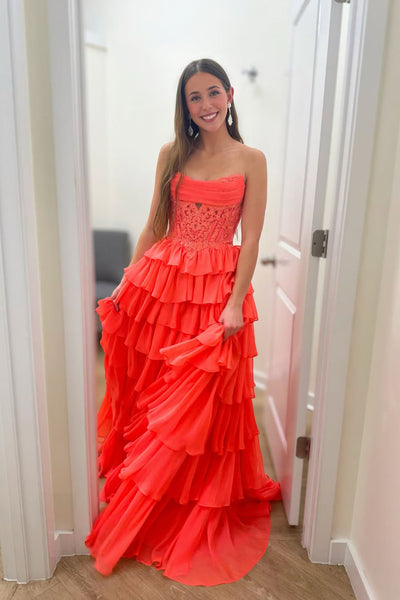 Cute A Line Strapless Orange Chiffon Tiered Long Prom Dress with Slit VK26031106