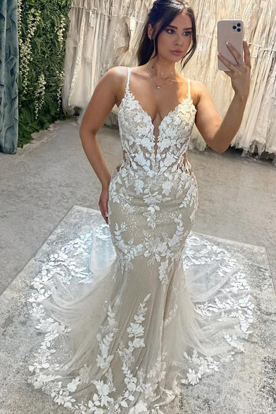Charming Mermaid V Neck Dark Champagne Wedding Dress with Appliques VK25052906