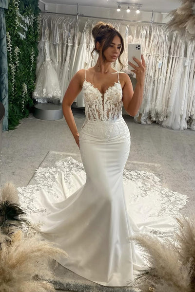 Bohemian Mermaid V Neck Satin Long Wedding Dresses with Appliques VK25051002