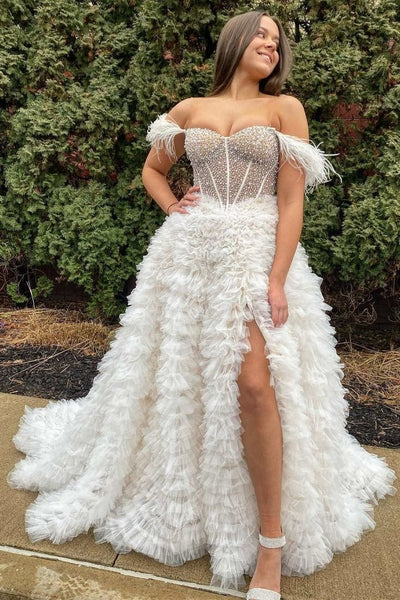 Hot Pink Beaded Feather Off-the-Shoulder Tiered Long Prom Dress with Slit VK23120603
