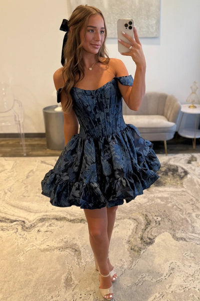 Lovely A-Line Off the Shoulder Pink Floral Printed Short Homecoming Dresses VK25092607