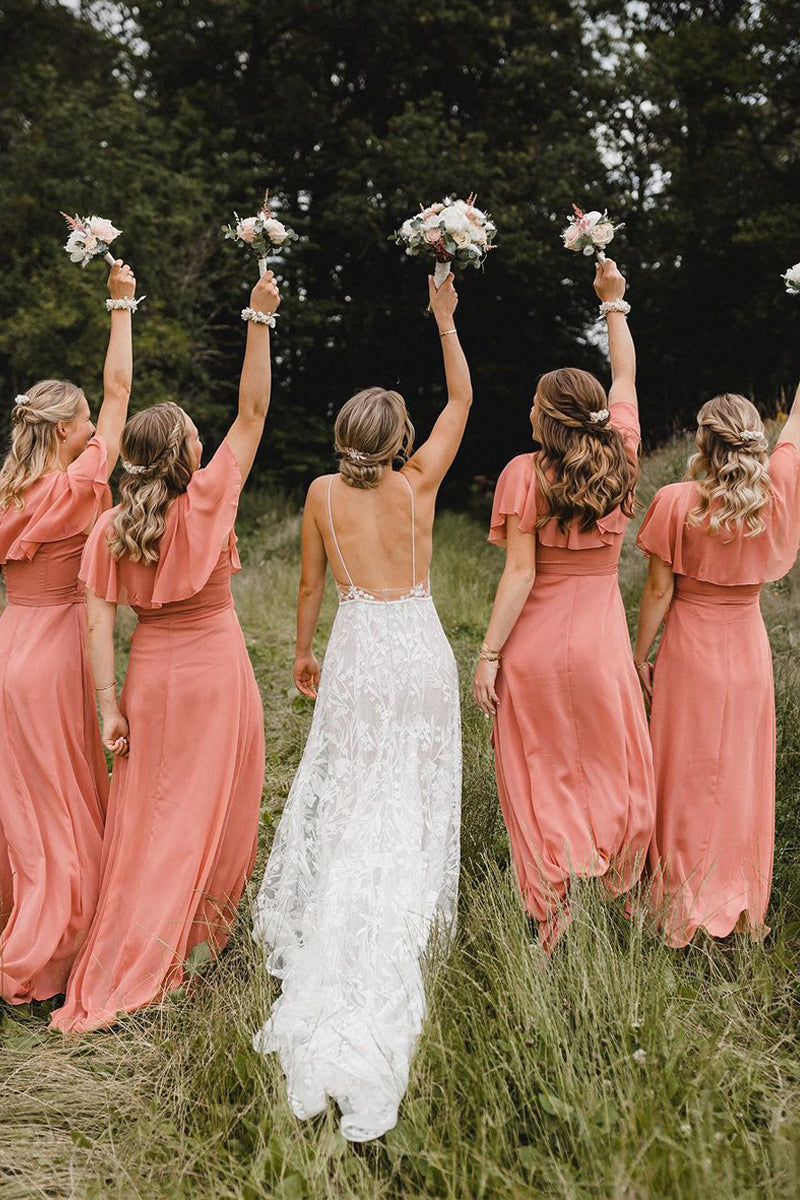 Simple A-Line Coral Chiffon Long Bridesmaid Dresses VK23090206 – Vickidress