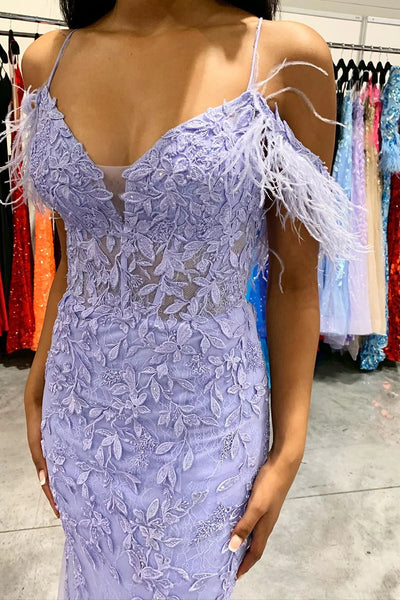 Mermaid Off the Shoulder Lilac Long Prom Dress with Feathers VK23093001