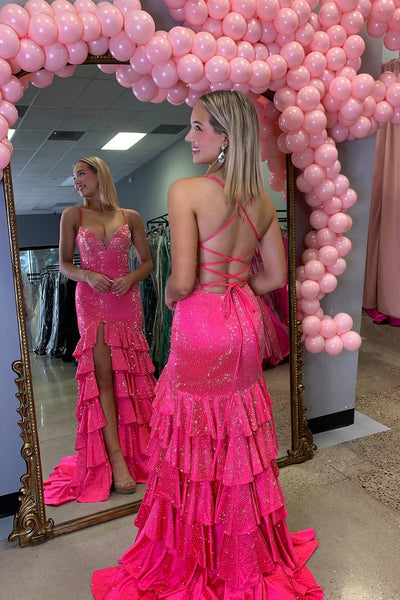 Mermaid V Neck Fuchsia Ruffle Tiered Long Prom Dresses with Slit VK021511