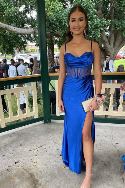 Royal Blue Cowl Neck Sheer Bodice Long Formal Dress with Slit VK23122102