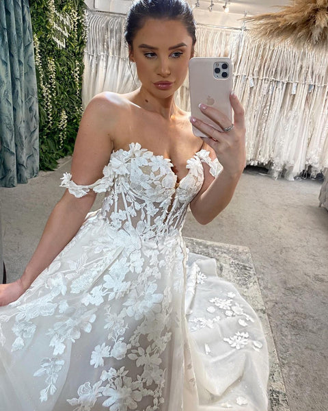 Cute A Line Off the Shoulder Tulle Long Wedding Dresses with Appliques VK23052606