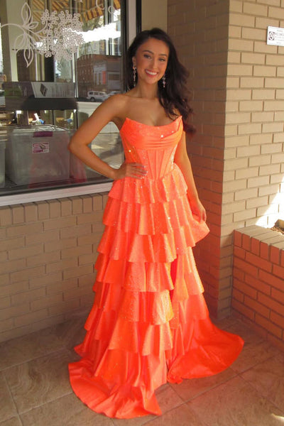 Gorgeous Scoop Neck Orange Hot Fix Satin Tiered Prom Dress with Slit VK030508