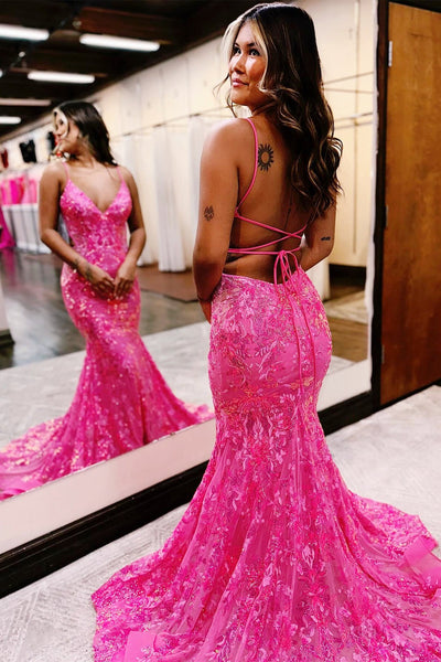 Mermaid Hot Pink Sequin Lace V-Neck Long Prom Dress VK23112109