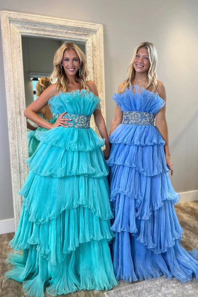 Cute Ball Gown Strapless Organza Pleant Tiered Prom Dresses with Beading VK1312813