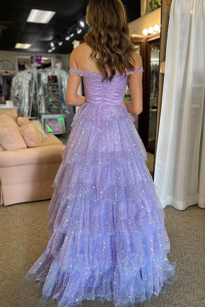 Cute A-Line Off Shoulder Light Purple Tiered Tulle Long Prom Dress