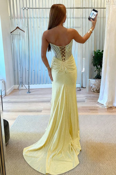 Cute Mermaid Scoop Neck Daffodil Hot Fix Satin Prom Dress with Slit VK25122805