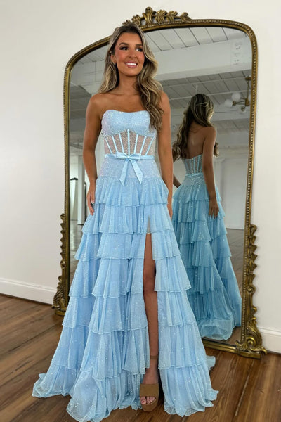 A-Line Strapless Lilac Ruffle Tiered Beaded Long Prom Dresses with Slit VK26012709